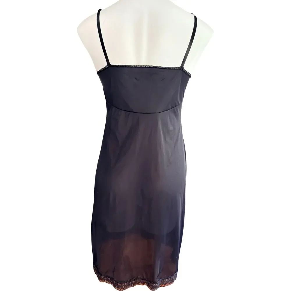 Vanity Fair Black Nylon Full Slip Lace Trim V-Neck Vintage 90s Size 36